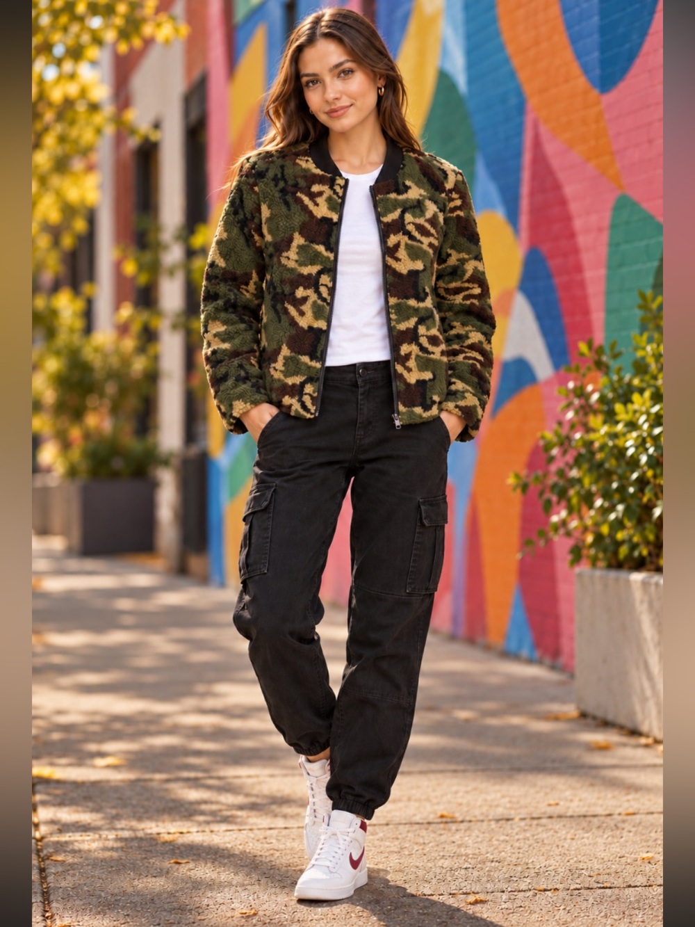 🎄 SANCTUARY Camo Faux Shearling Bomber Jacket NWT $159 M